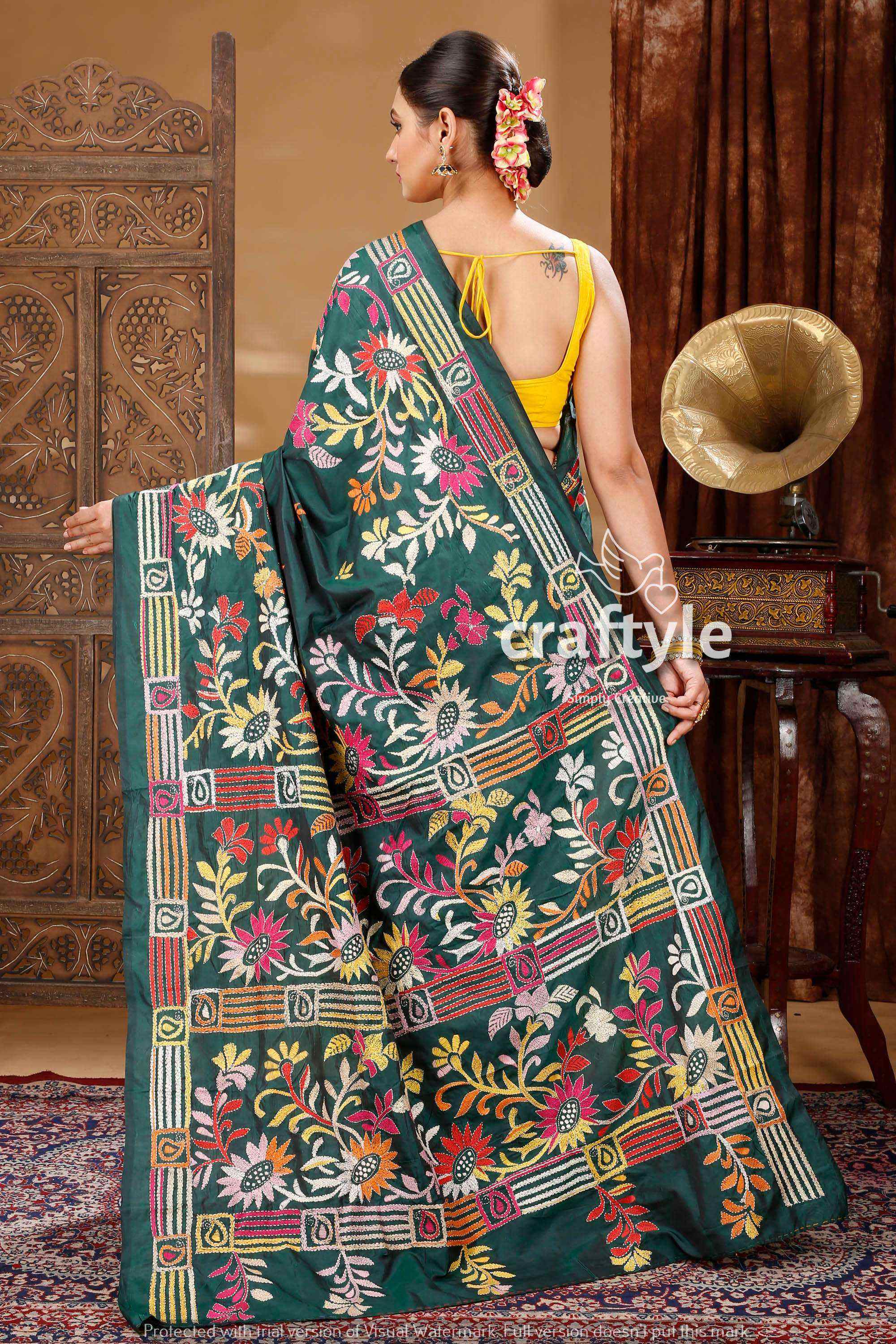 Deep Green Artisanal Silk Kantha Saree-Craftyle