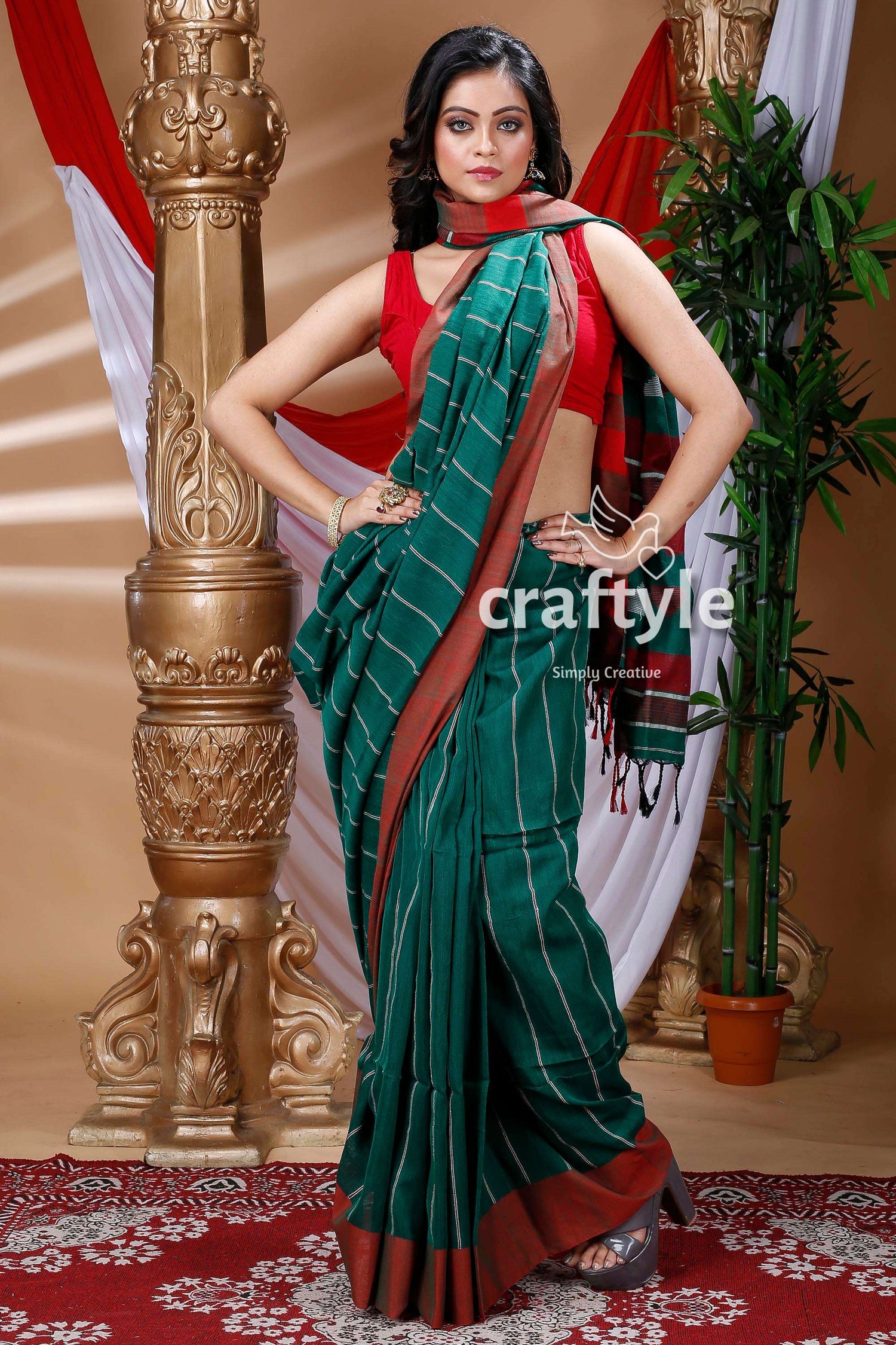 Deep Green &amp; Maroon Red Handloom Cotton Saree-Craftyle