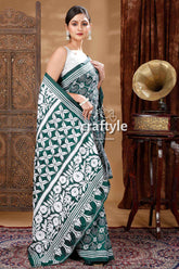 Deep Green & White Thread Work Kantha Stitch Silk Sari-Craftyle