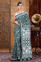 Deep Green & White Thread Work Kantha Stitch Silk Sari-Craftyle