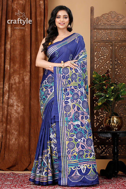 Deep Sapphire Blue Silk Kantha Work Saree - Reverse Stitch - Craftyle