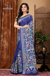 Deep Sapphire Blue Silk Kantha Work Saree - Reverse Stitch - Craftyle