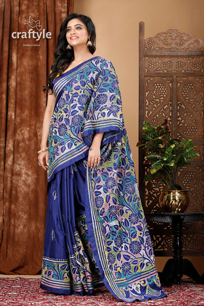 Deep Sapphire Blue Silk Kantha Work Saree - Reverse Stitch - Craftyle