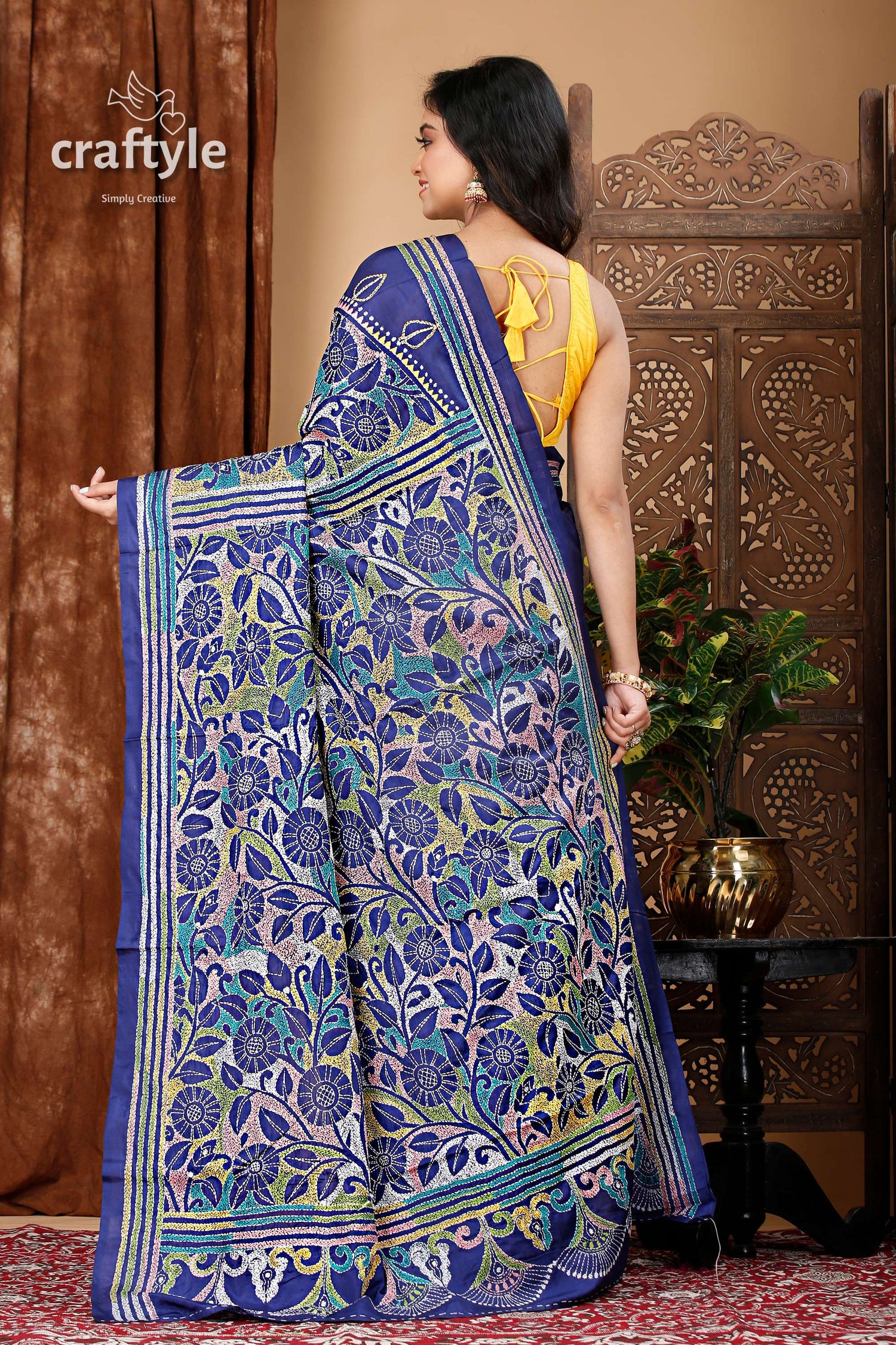 Deep Sapphire Blue Silk Kantha Work Saree - Reverse Stitch - Craftyle