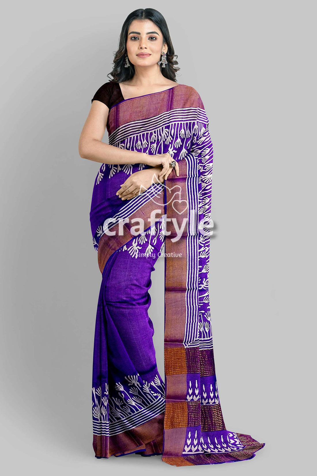 Deep Violet Floral Motif Pure Tussar Saree with Hand Block Print Zari Border - Craftyle