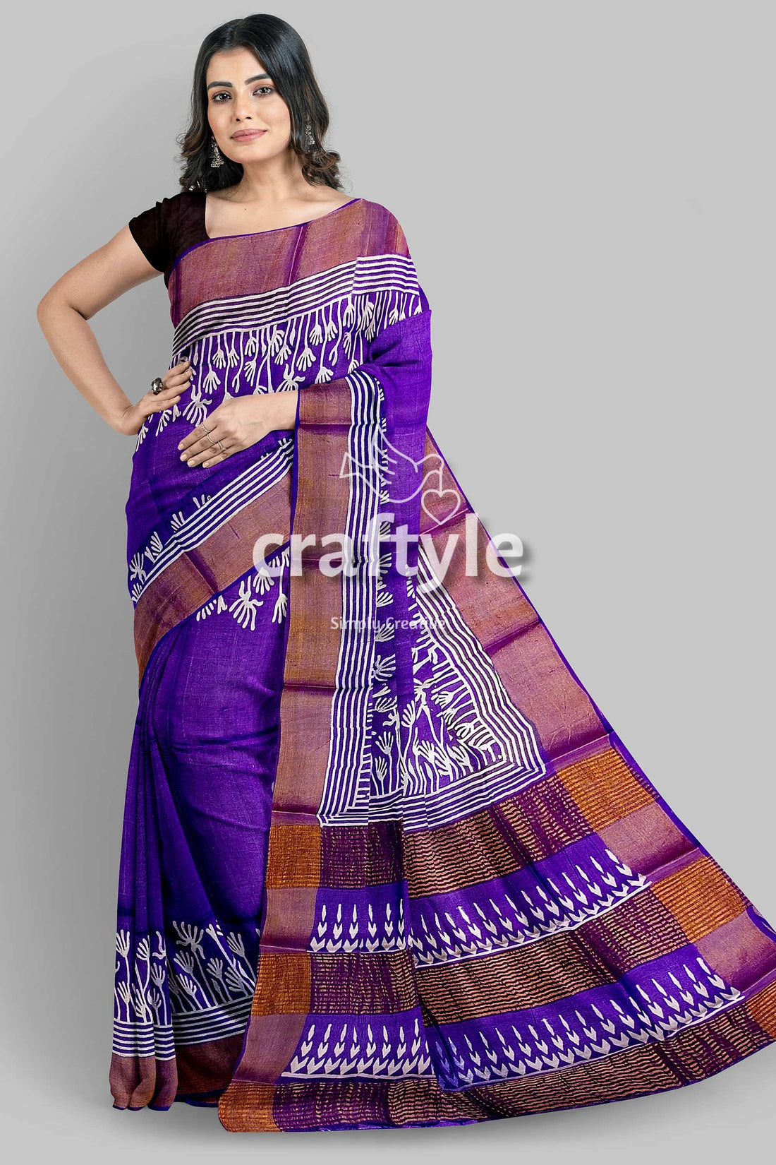 Deep Violet Floral Motif Pure Tussar Saree with Hand Block Print Zari Border - Craftyle