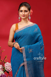 Denim Blue Copper Zari Intricate Linen Jamdani Saree - Craftyle