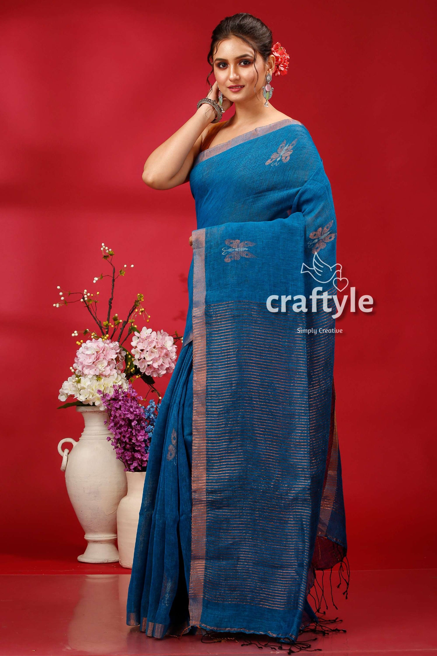 Denim Blue Copper Zari Intricate Linen Jamdani Saree - Craftyle