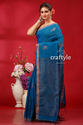 Denim Blue Copper Zari Intricate Linen Jamdani Saree - Craftyle