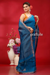 Denim Blue Copper Zari Intricate Linen Jamdani Saree - Craftyle