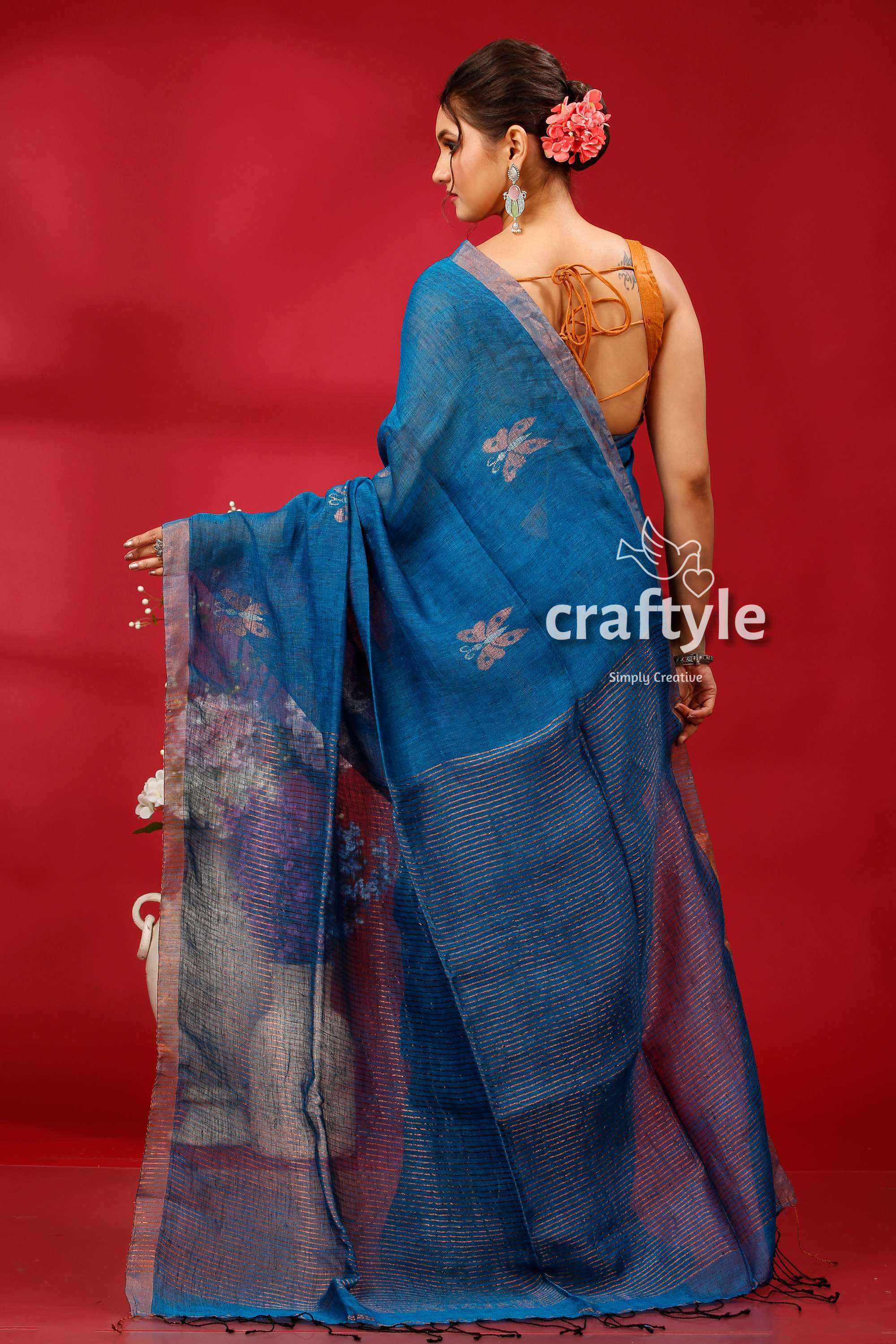 Denim Blue Copper Zari Intricate Linen Jamdani Saree - Craftyle