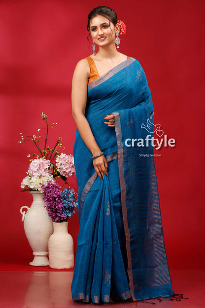 Denim Blue Copper Zari Intricate Linen Jamdani Saree - Craftyle