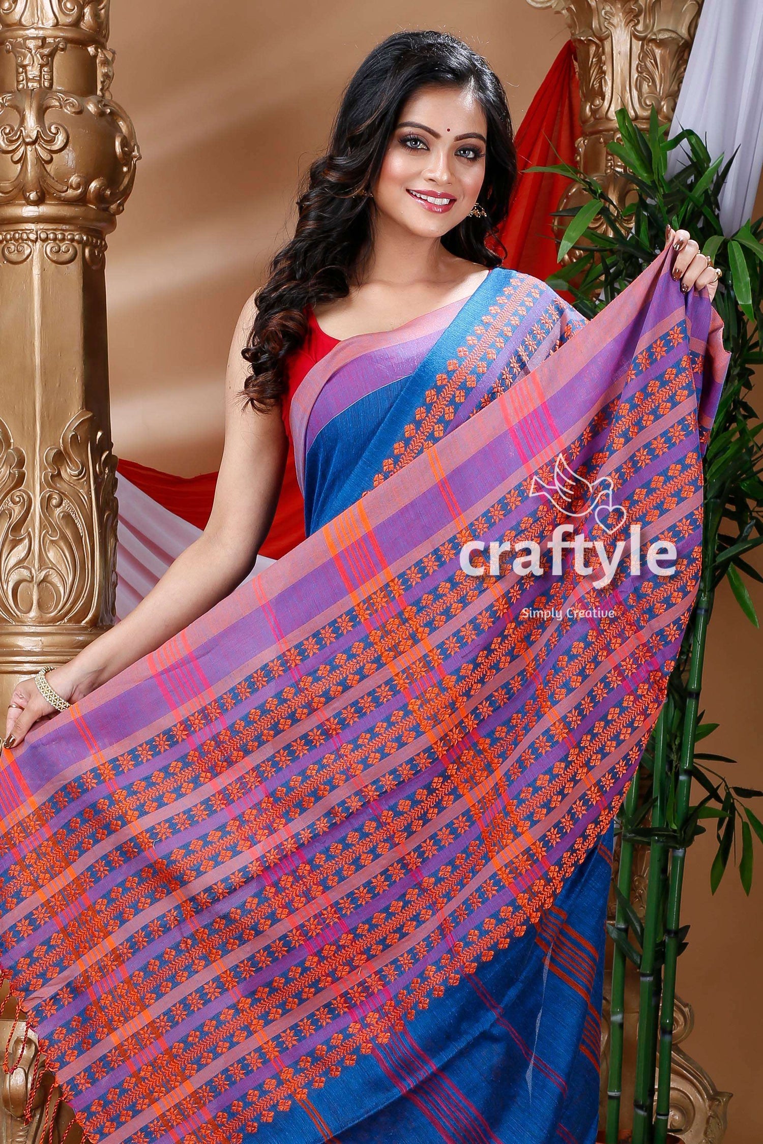 Denim Blue &amp; Orange Begampuri Cotton Saree-Craftyle