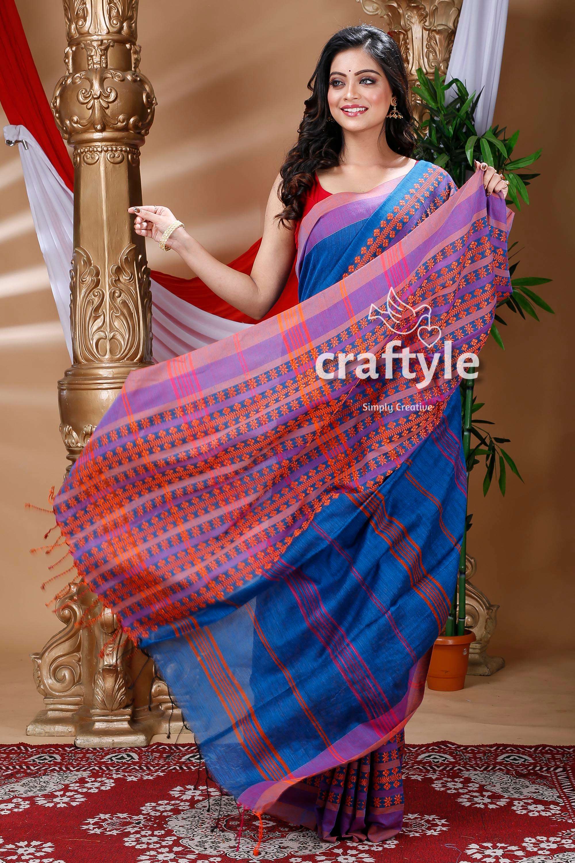 Denim Blue &amp; Orange Begampuri Cotton Saree-Craftyle