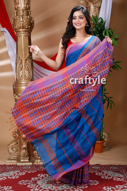 Denim Blue &amp; Orange Begampuri Cotton Saree-Craftyle