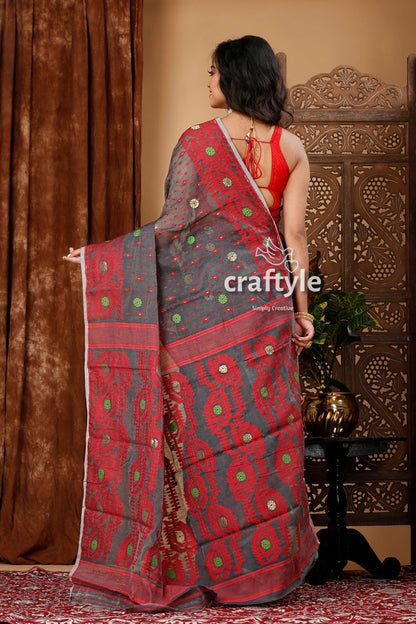 Dim Grey and Red Traditional Handloom Jamdani Sari - Craftyle