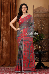 Dim Grey and Red Traditional Handloom Jamdani Sari - Craftyle