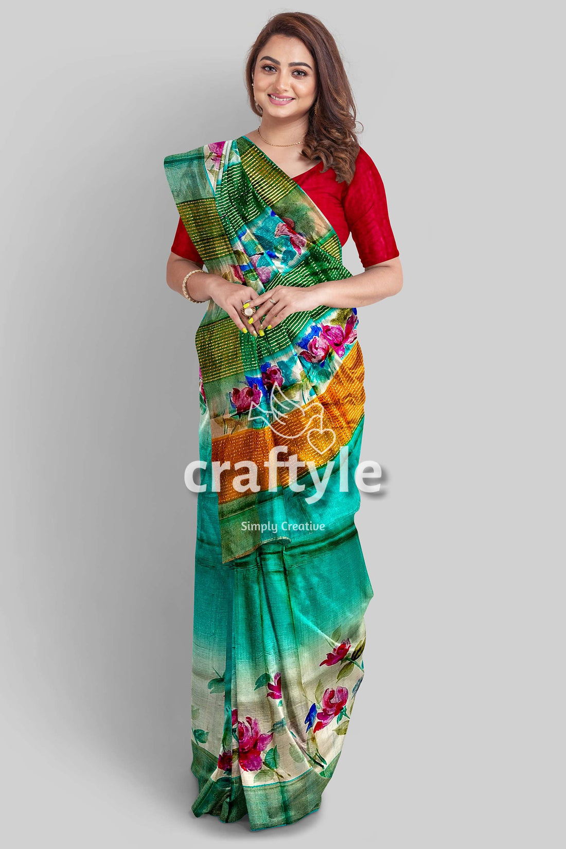 Eagle Green Hand Painted Pure Tussar Saree with Zari Detailing - Craftyle