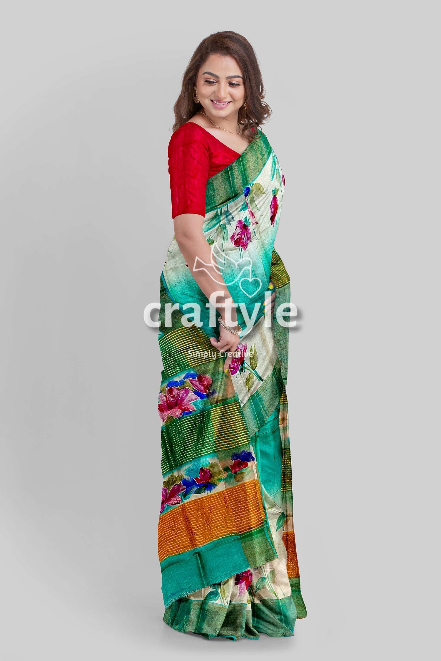 Eagle Green Hand Painted Pure Tussar Saree with Zari Detailing - Craftyle