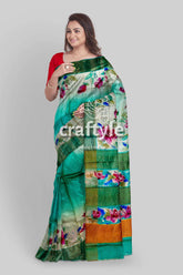 Eagle Green Hand Painted Pure Tussar Saree with Zari Detailing - Craftyle