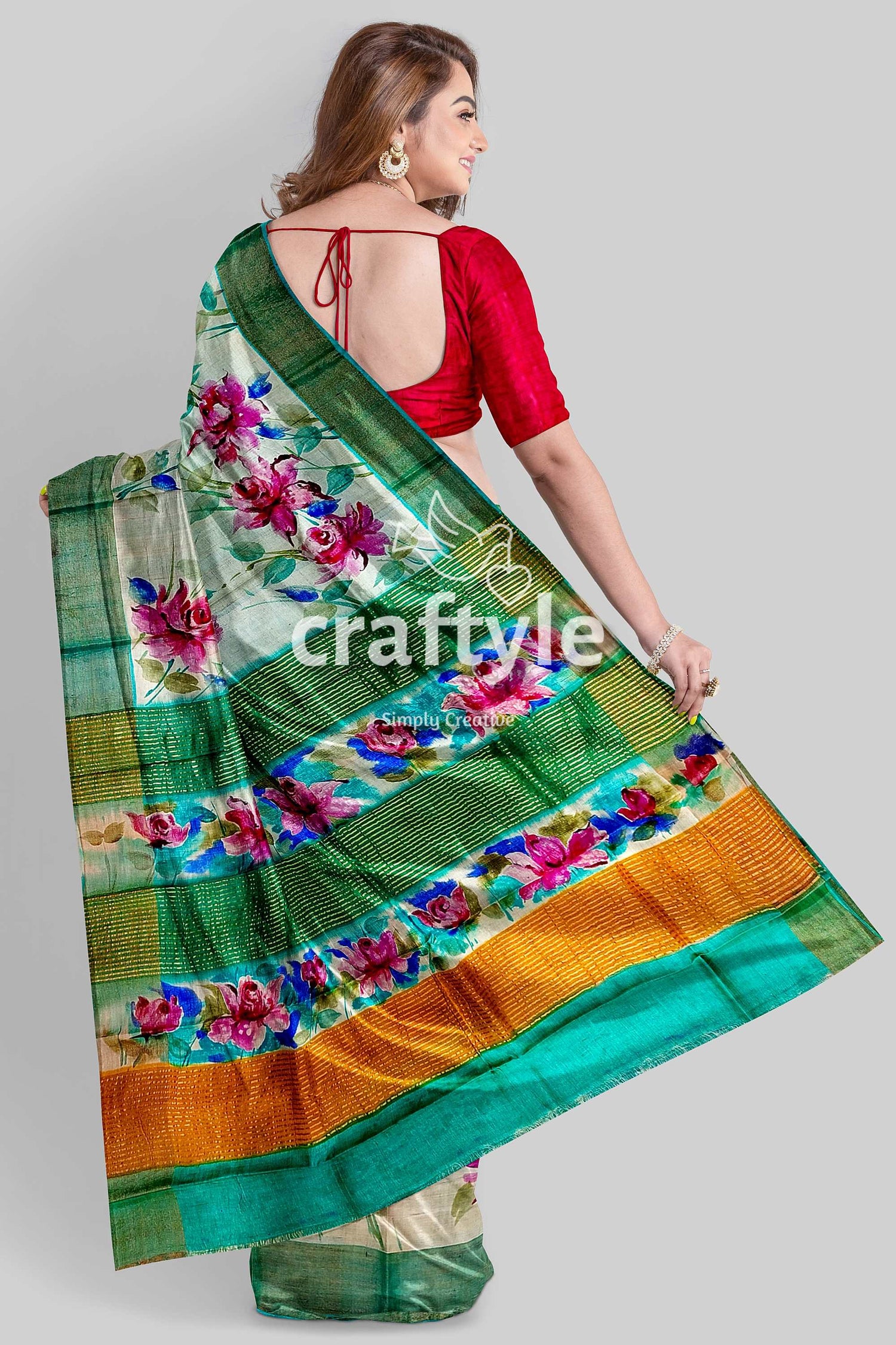 Eagle Green Hand Painted Pure Tussar Saree with Zari Detailing - Craftyle