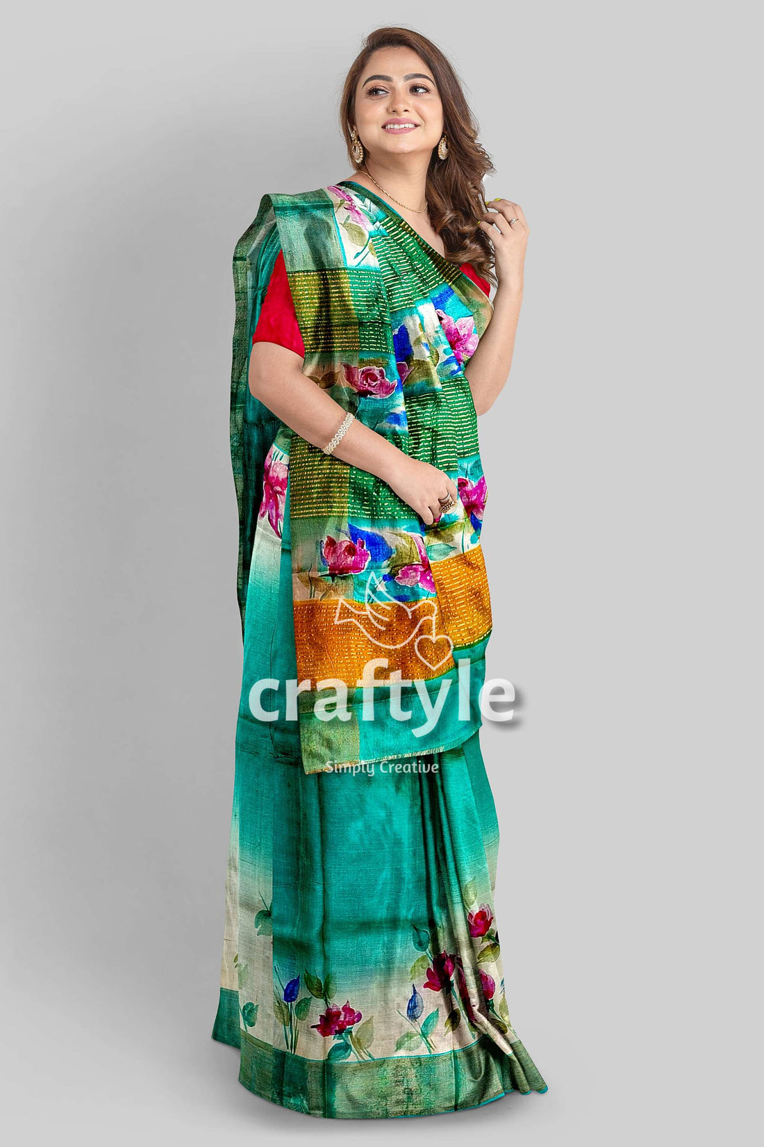 Eagle Green Hand Painted Pure Tussar Saree with Zari Detailing - Craftyle