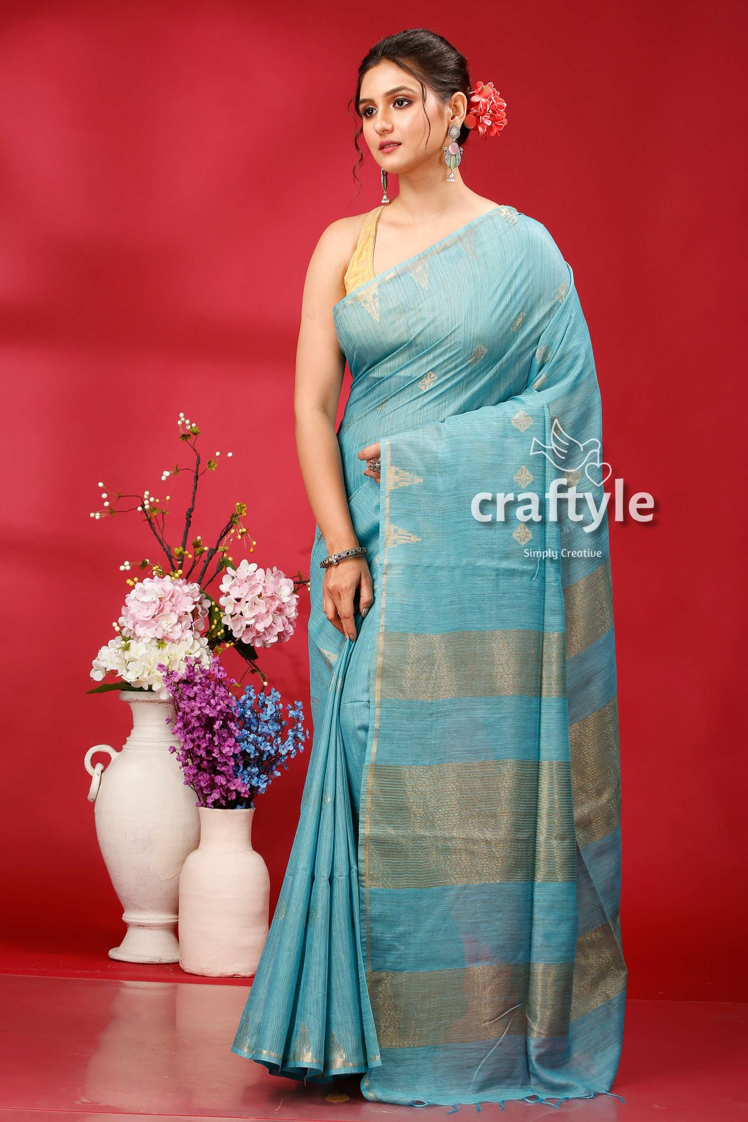 Eastern Blue Bhagalpuri Silk Saree Golden Zari Accent - Craftyle