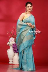 Eastern Blue Bhagalpuri Silk Saree Golden Zari Accent - Craftyle