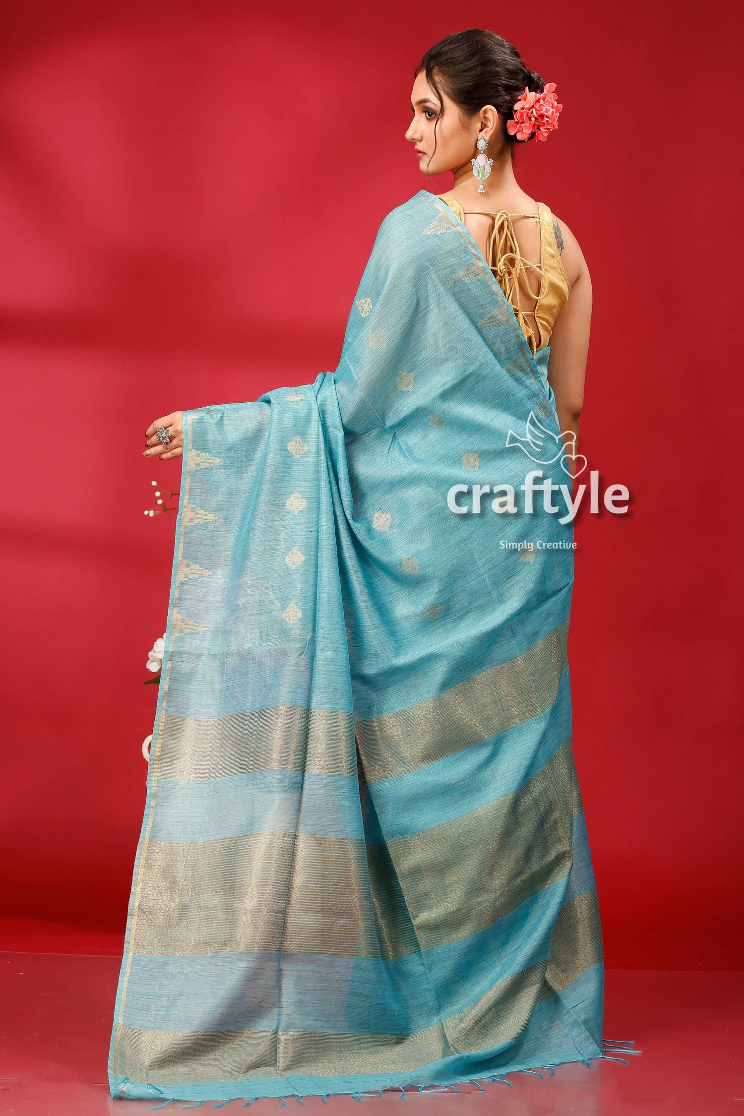 Eastern Blue Bhagalpuri Silk Saree Golden Zari Accent - Craftyle