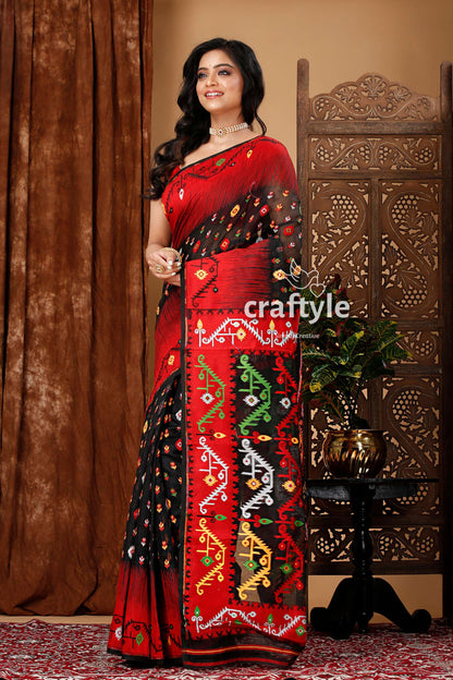 Ebony Black and Red Bengal Handloom Jamdani Saree - Craftyle