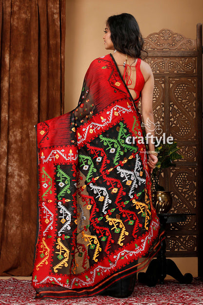 Ebony Black and Red Bengal Handloom Jamdani Saree - Craftyle