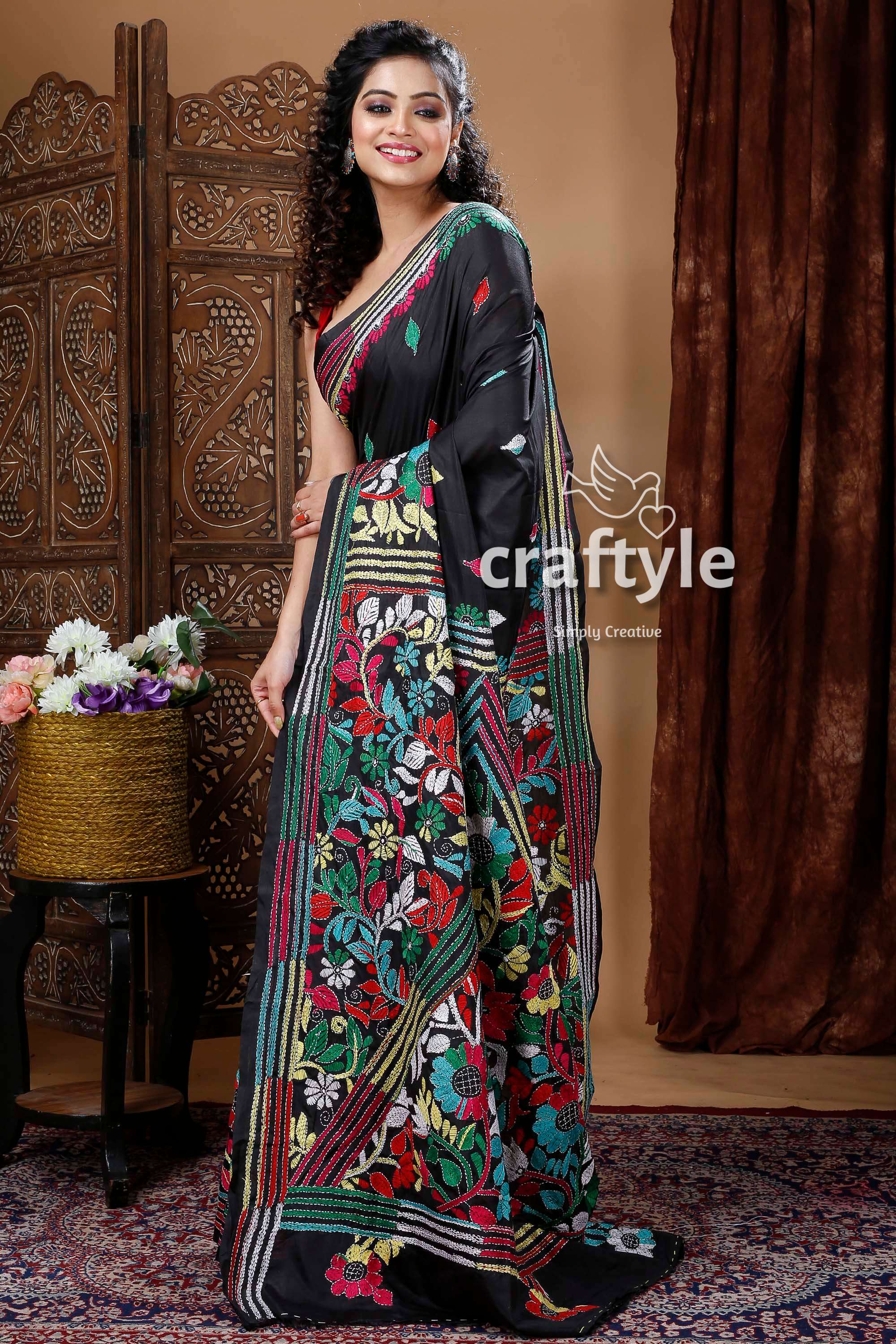 Ebony Black Exquisite Silk Kantha Embroidery Saree-Craftyle