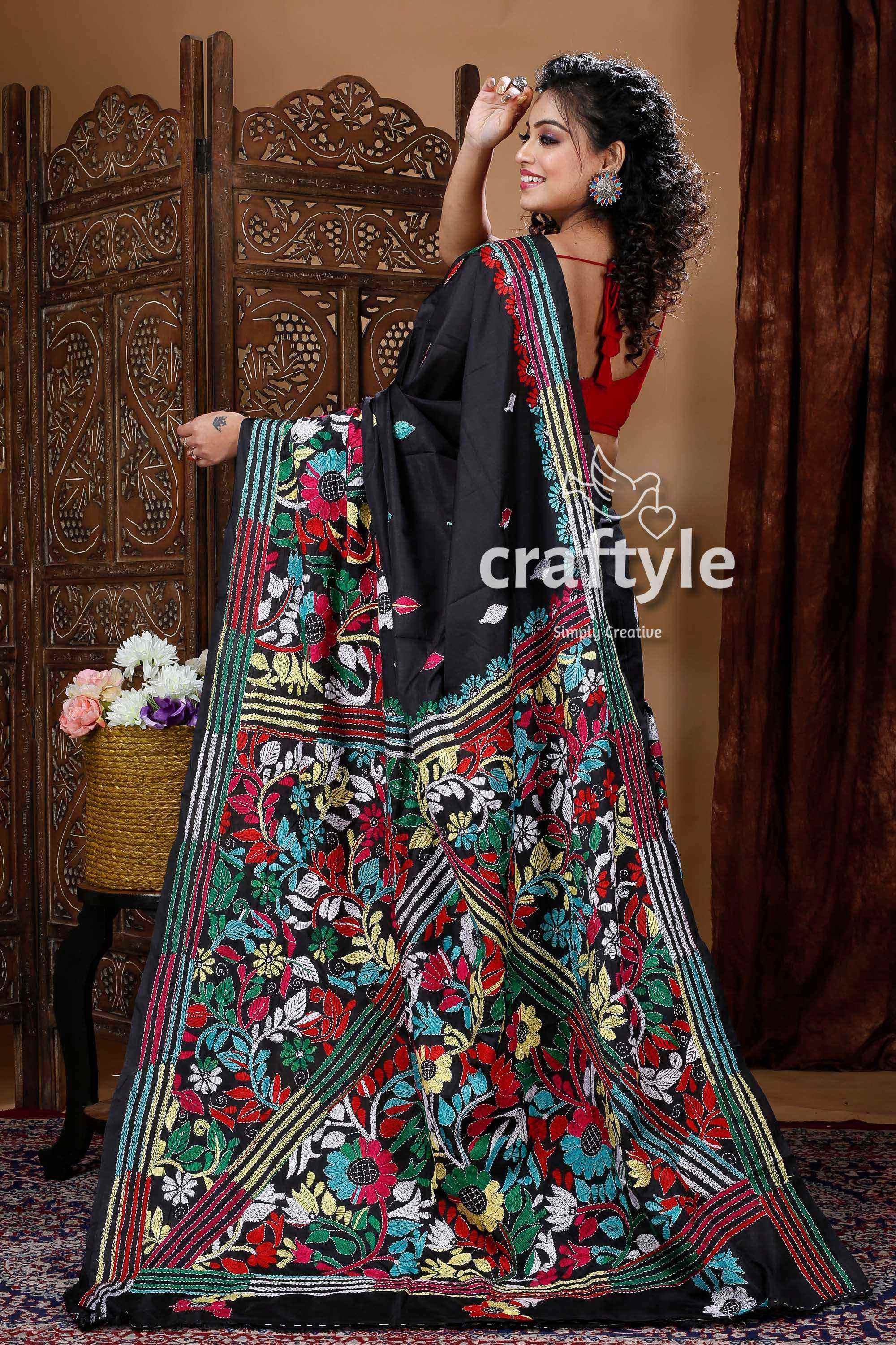 Extraordinary Hand Stiched Kantha Saree, Black Bangalore Silk with Multi color Kantha Works and running blouse popular piece, Elegant, Classy Saree