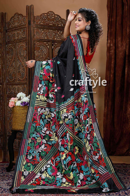 Ebony Black Exquisite Silk Kantha Embroidery Saree-Craftyle