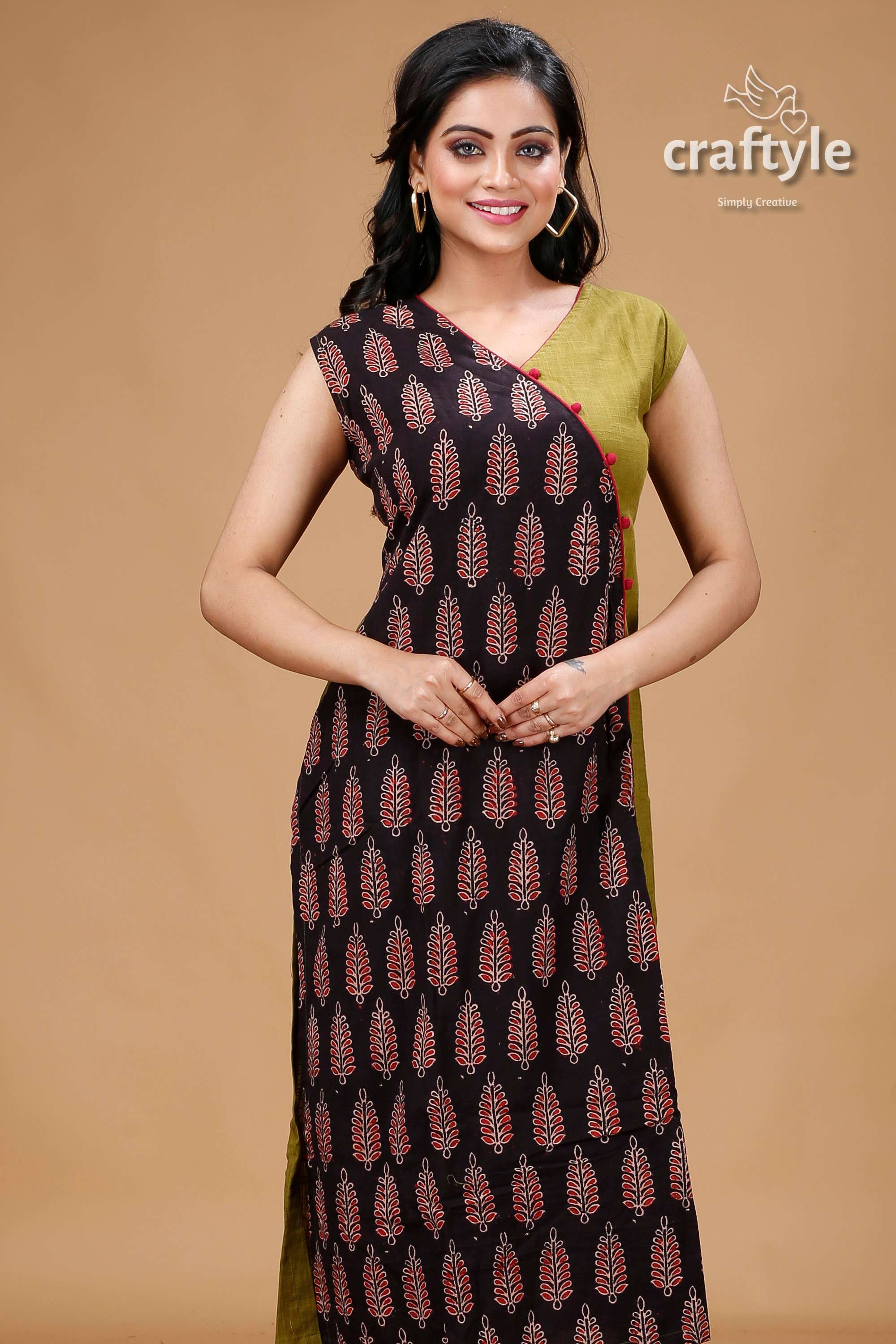 Ebony Clay and Olive Green Angaraksha Pure Ajrakh Cotton Kurti - Craftyle