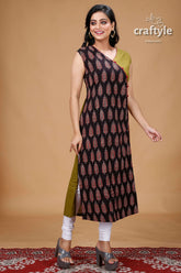 Ebony Clay and Olive Green Angaraksha Pure Ajrakh Cotton Kurti - Craftyle