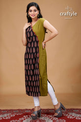 Ebony Clay and Olive Green Angaraksha Pure Ajrakh Cotton Kurti - Craftyle