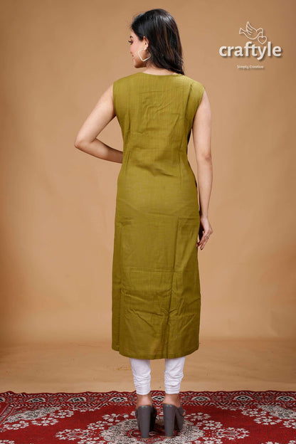 Ebony Clay and Olive Green Angaraksha Pure Ajrakh Cotton Kurti - Craftyle