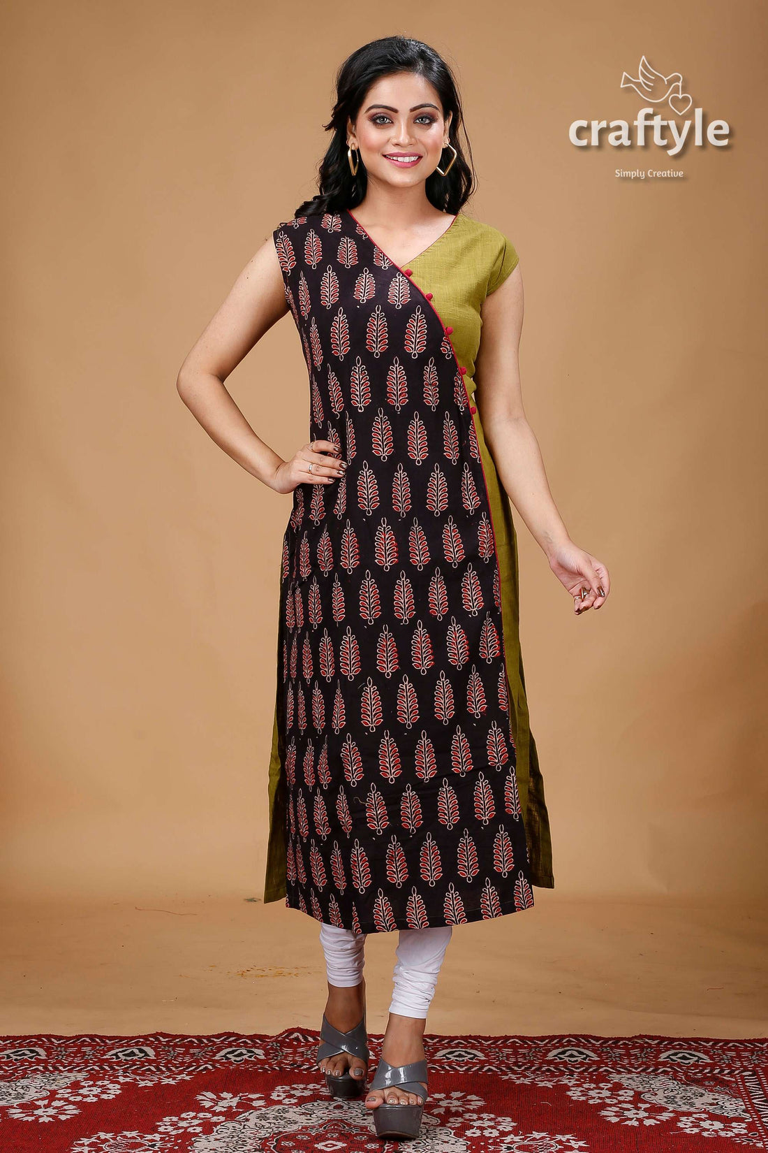 Ebony Clay and Olive Green Angaraksha Pure Ajrakh Cotton Kurti - Craftyle