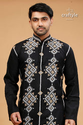 Eerie Black Kutch Design Cotton Mens Kurta - Kantha Embroidery - Craftyle