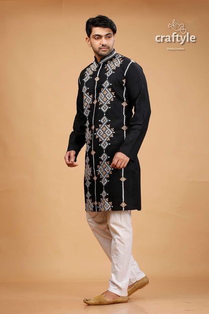 Eerie Black Kutch Design Cotton Mens Kurta - Kantha Embroidery - Craftyle