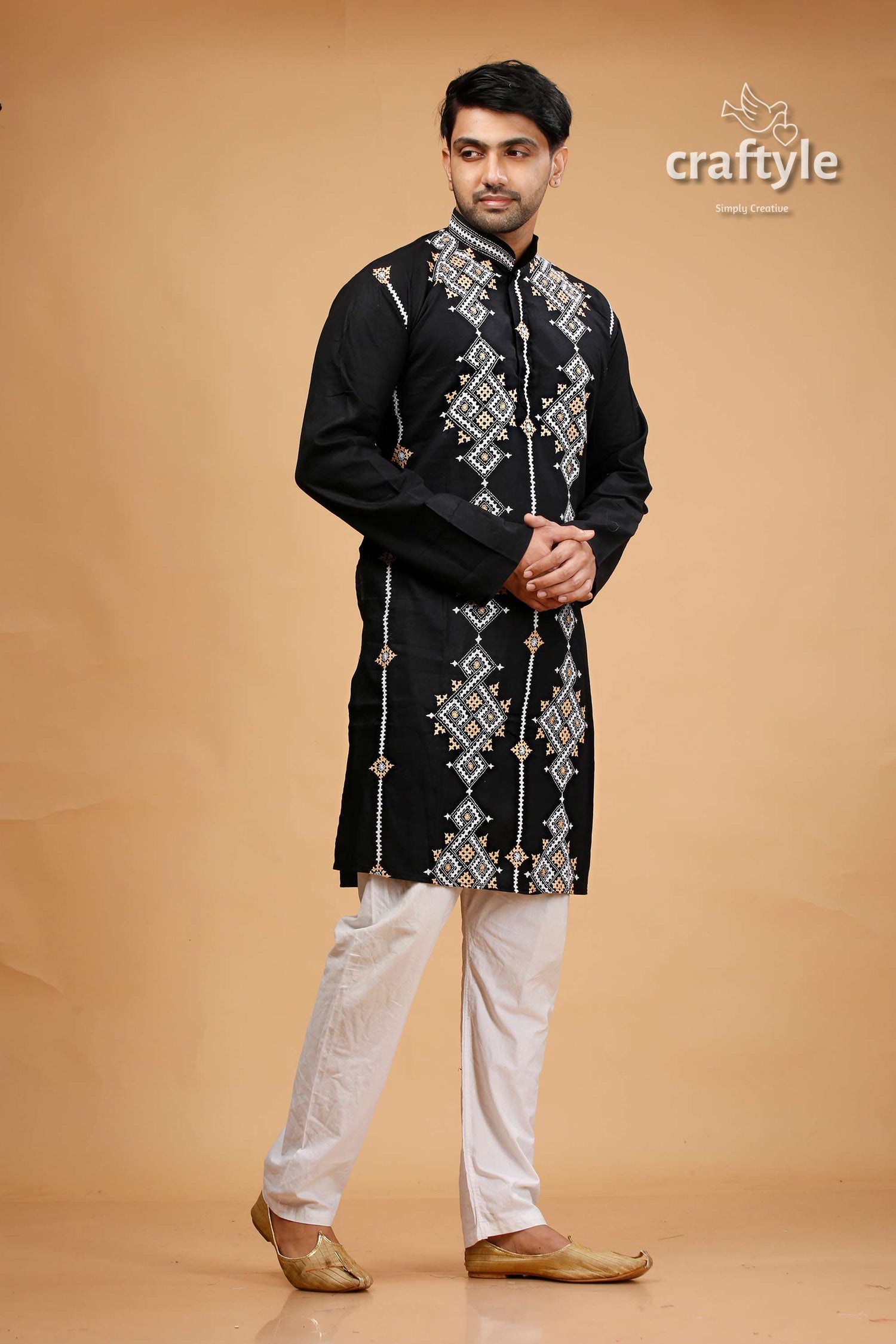 Eerie Black Kutch Design Cotton Mens Kurta - Kantha Embroidery - Craftyle