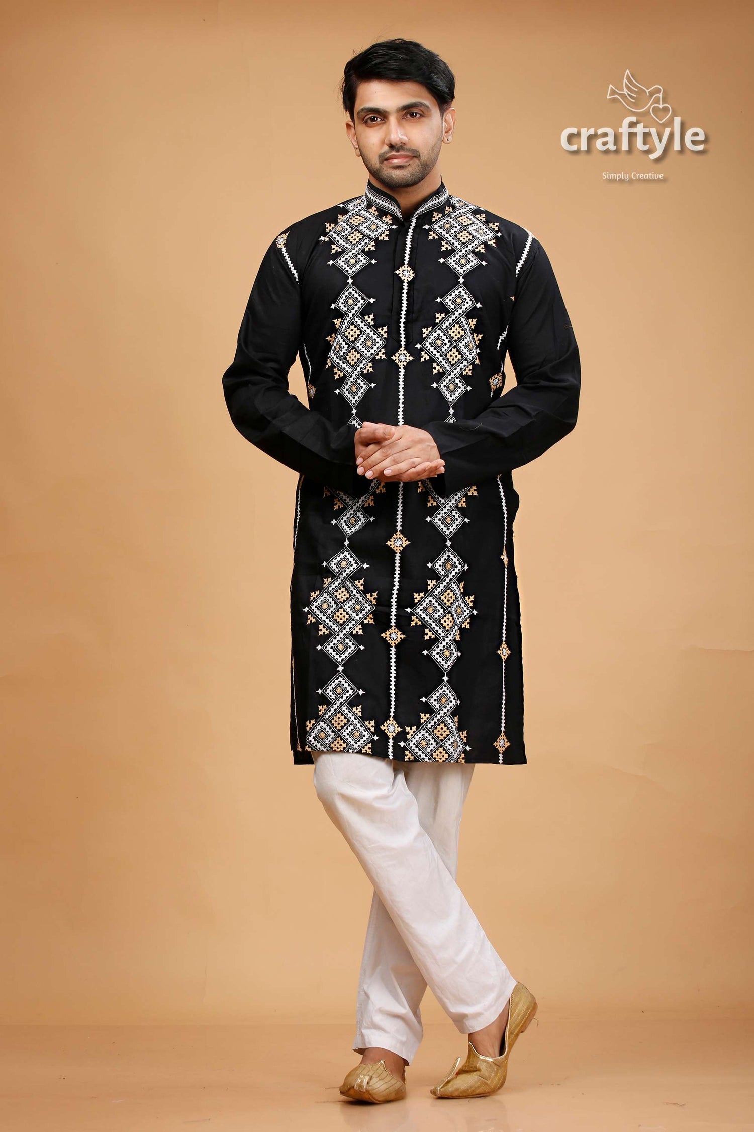 Eerie Black Kutch Design Cotton Mens Kurta - Kantha Embroidery - Craftyle