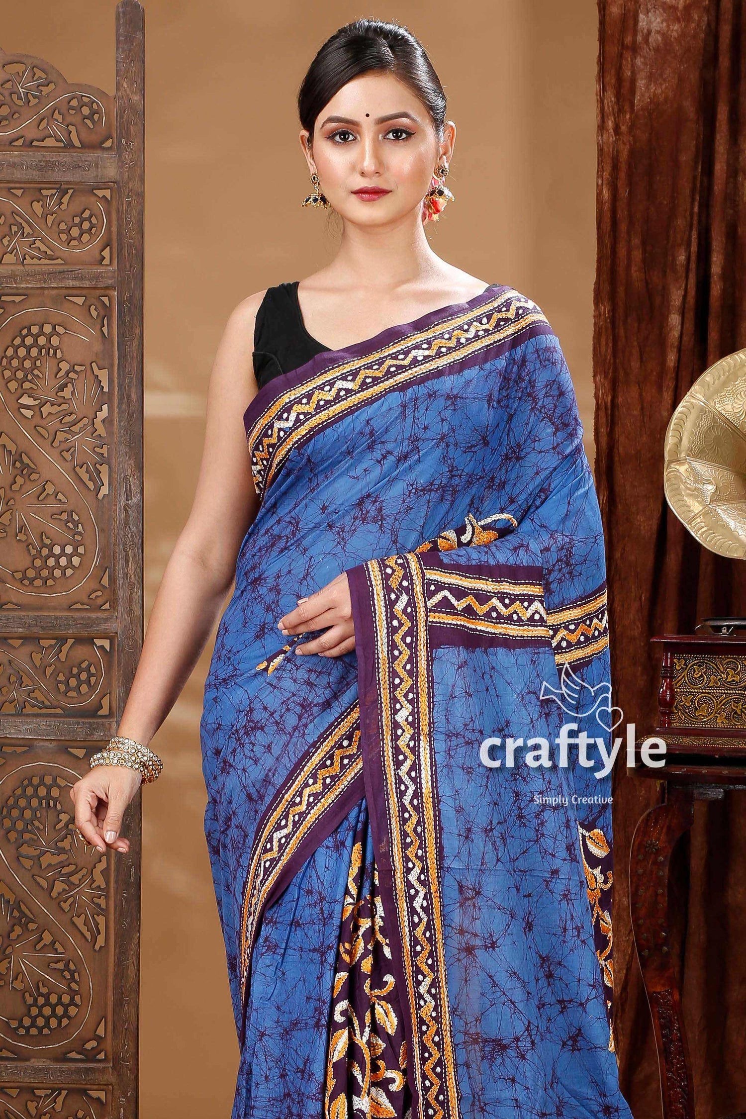 Elegant Batik Cotton Kantha Stitch Saree-Craftyle