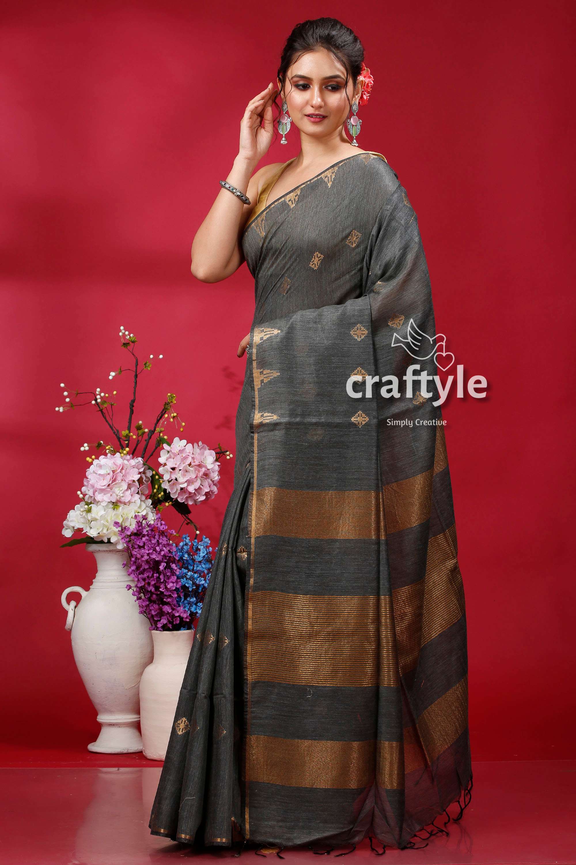 Elegant Dark Slate Golden Zari Bhagalpuri Soft Ghicha Silk Saree - Craftyle