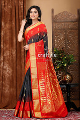 Elegant Ebony Black and Red Kanjivaram Silk Saree - Craftyle