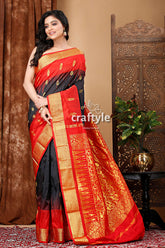 Elegant Ebony Black and Red Kanjivaram Silk Saree - Craftyle