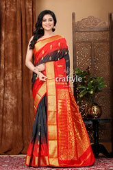 Elegant Ebony Black and Red Kanjivaram Silk Saree - Craftyle