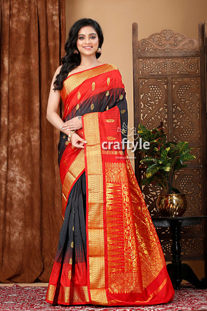 Elegant Ebony Black and Red Kanjivaram Silk Saree - Craftyle