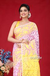 Elegant Mauve and Yellow Floral Jamdani Saree - Perfect for Any Occasion - Craftyle